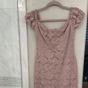 Express Lace Off-Shoulder Midi Dress in Pink
